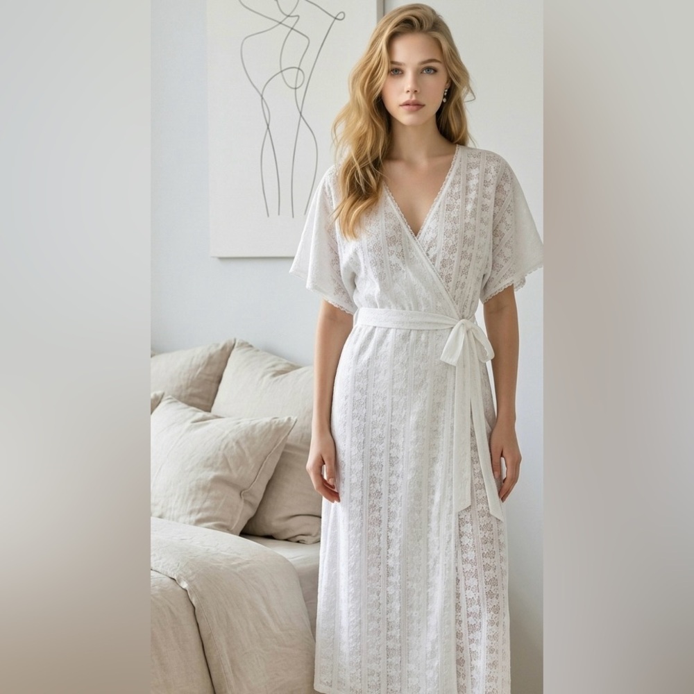 Vintage Bridal White Lace Wedding Lingerie S Robe Wrap Night Dressing Gown 4 6